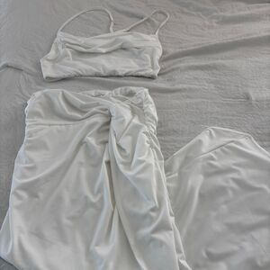 SHEIN Greece Vacation 2 Piece Maxi Skirt Slit Medium Women's White Dress Set